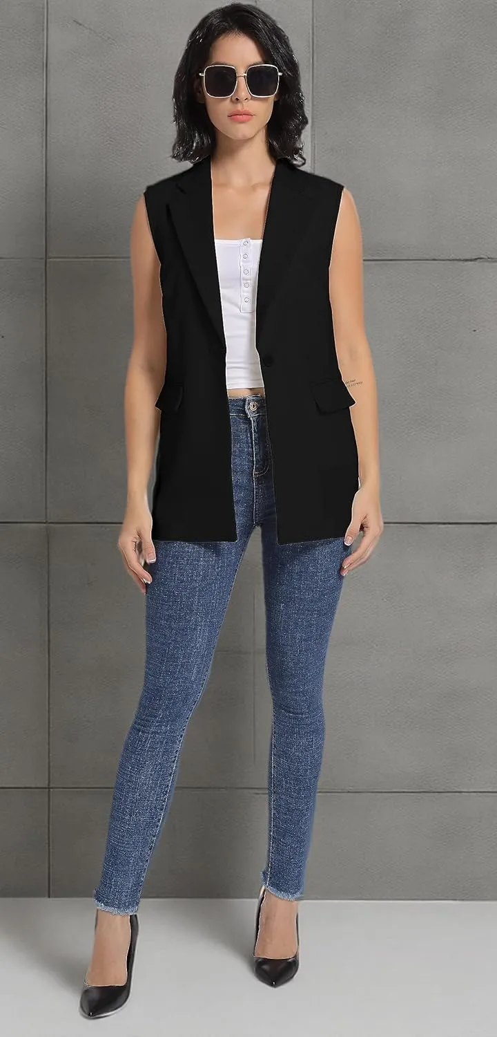 V VOCNI Long Vest for Women Sleeveless Blazer Jacket Open Front Button Lapel Duster Trench Cardigan