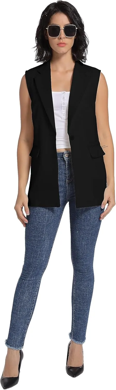 V VOCNI Long Vest for Women Sleeveless Blazer Jacket Open Front Button Lapel Duster Trench Cardigan