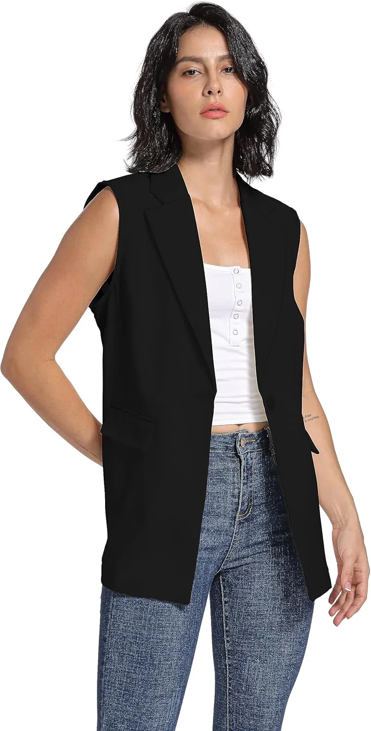V VOCNI Long Vest for Women Sleeveless Blazer Jacket Open Front Button Lapel Duster Trench Cardigan