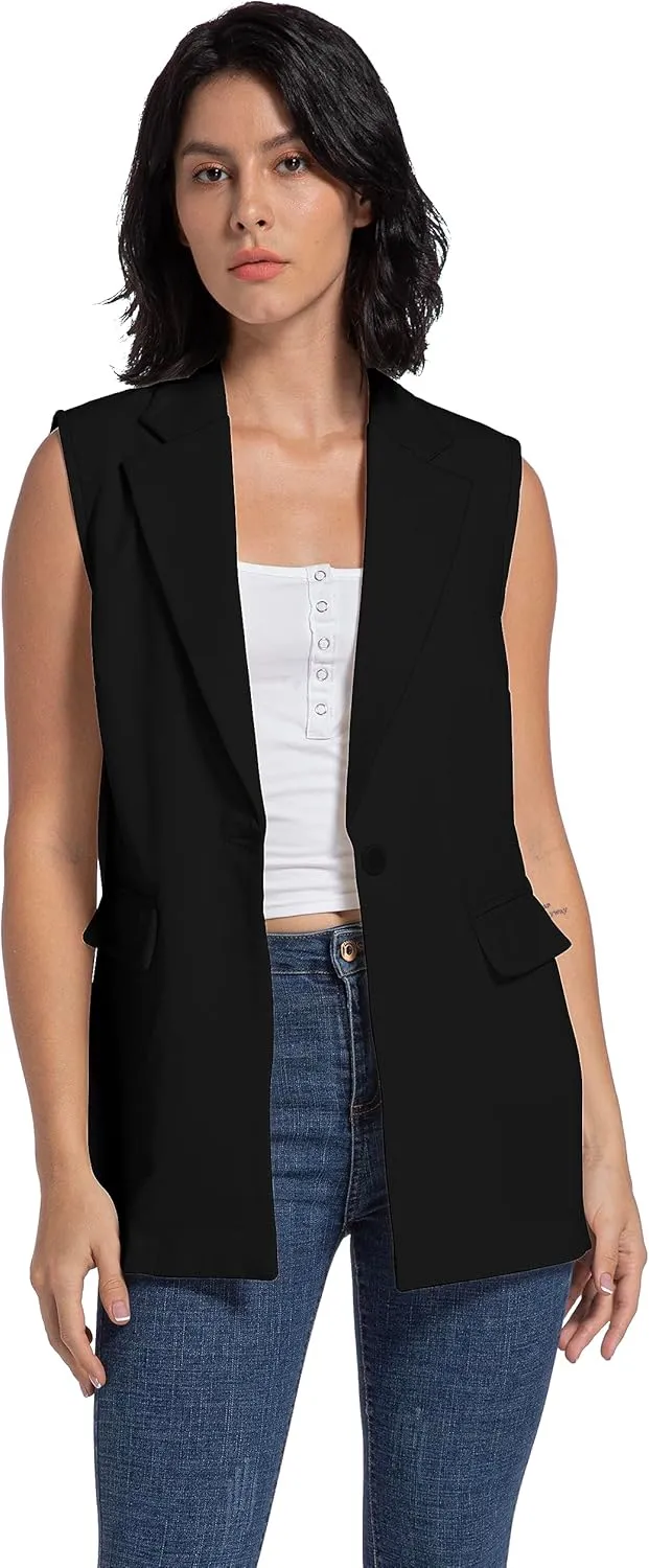 V VOCNI Long Vest for Women Sleeveless Blazer Jacket Open Front Button Lapel Duster Trench Cardigan
