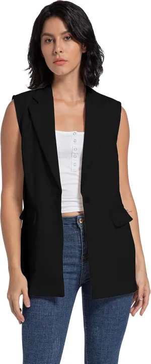 V VOCNI Long Vest for Women Sleeveless Blazer Jacket Open Front Button Lapel Duster Trench Cardigan