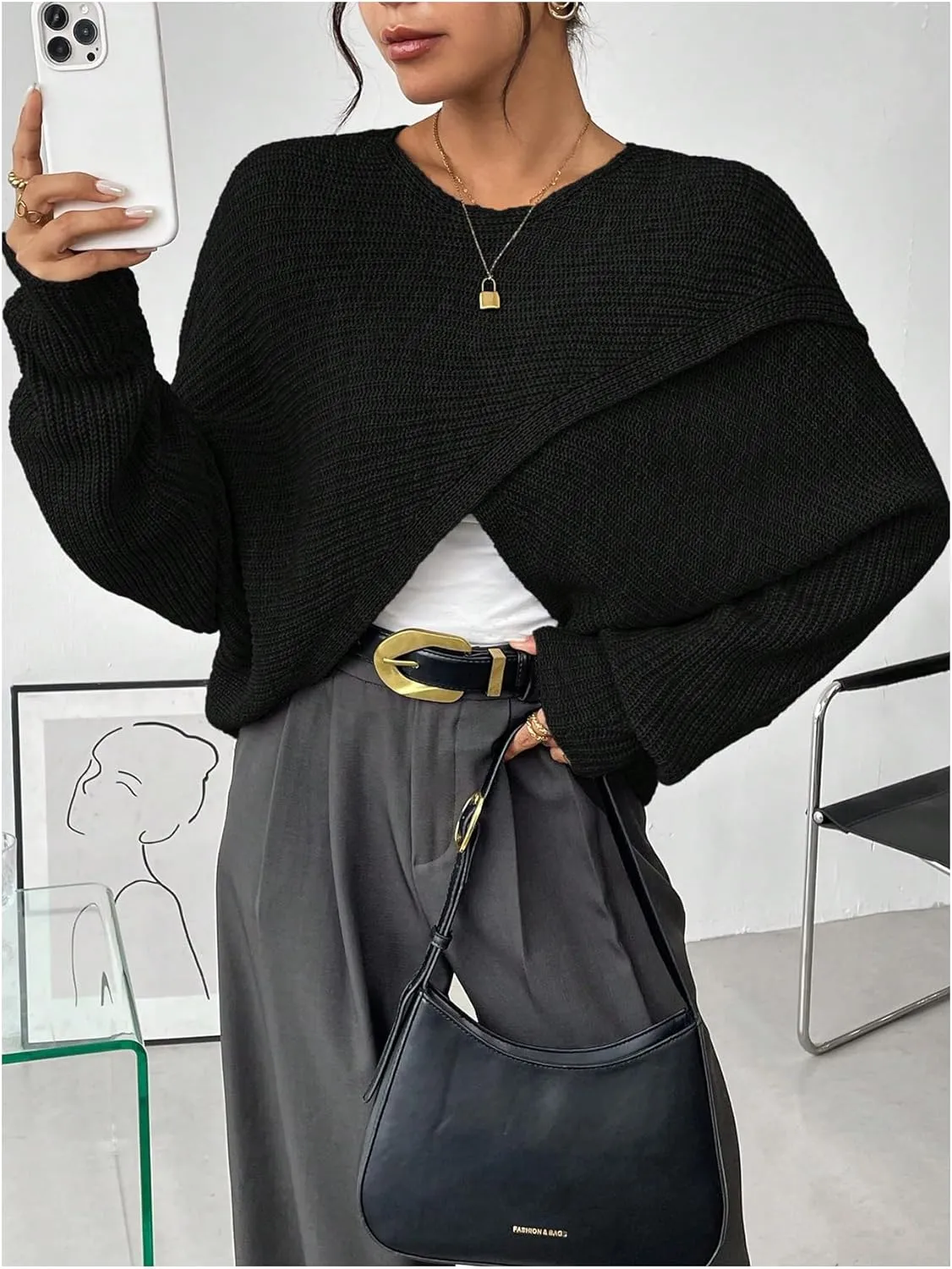 Verdusa Women's Lightweight Asymmetrical Criss Cross Crop Sweater Top Puff Sleeve Boat Neck Sweaters Coat