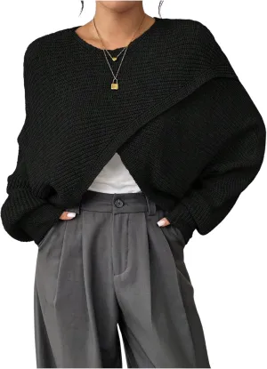 Verdusa Women's Lightweight Asymmetrical Criss Cross Crop Sweater Top Puff Sleeve Boat Neck Sweaters Coat