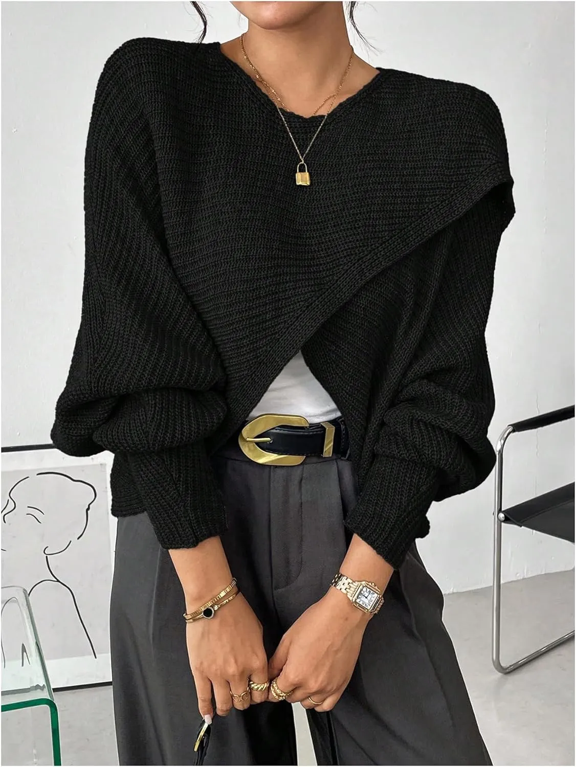 Verdusa Women's Lightweight Asymmetrical Criss Cross Crop Sweater Top Puff Sleeve Boat Neck Sweaters Coat