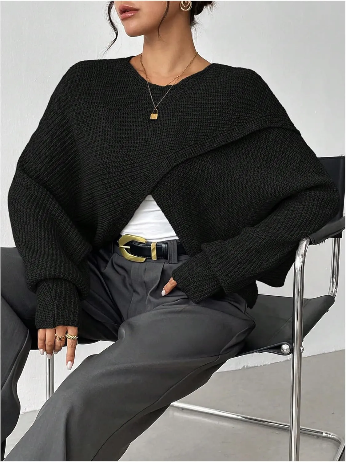 Verdusa Women's Lightweight Asymmetrical Criss Cross Crop Sweater Top Puff Sleeve Boat Neck Sweaters Coat