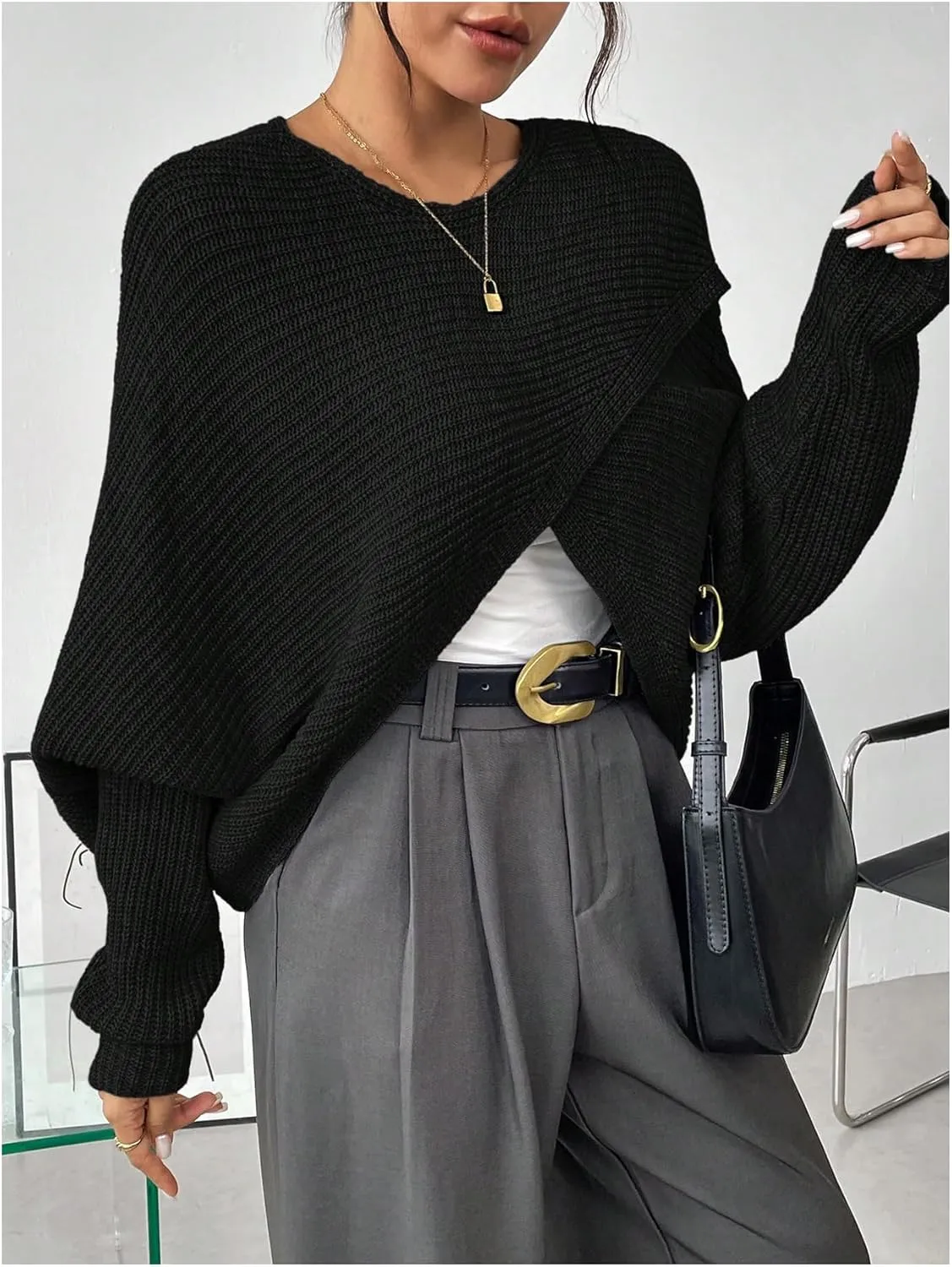 Verdusa Women's Lightweight Asymmetrical Criss Cross Crop Sweater Top Puff Sleeve Boat Neck Sweaters Coat