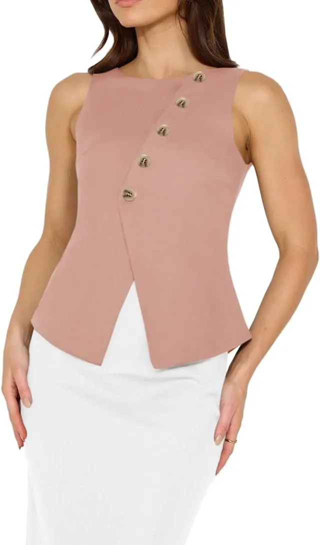 Vest Tops for Women Casual Crewneck Button Down Waistcoat Sleeveless Business Office Work Blazer Suit Vests