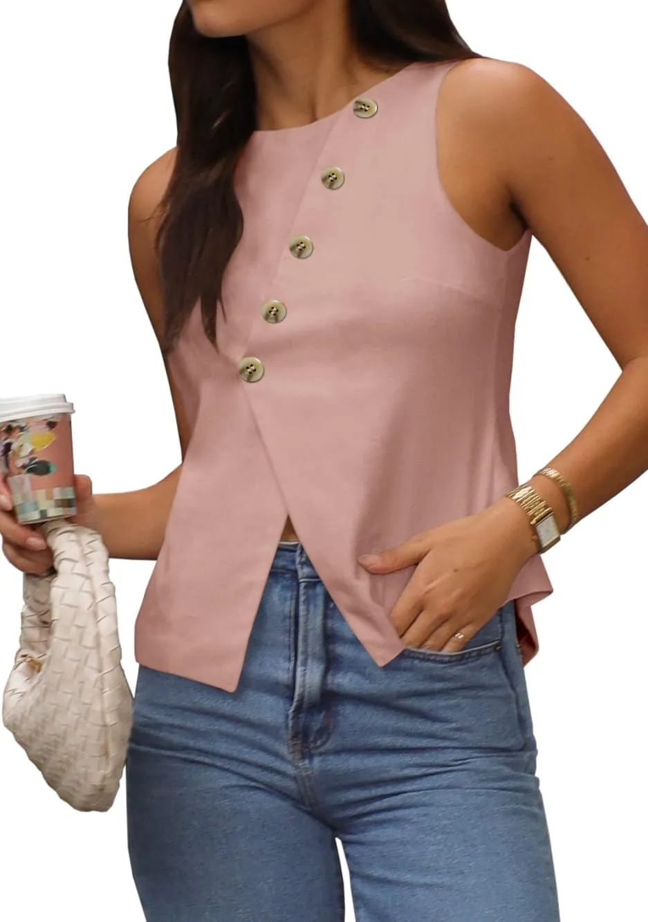 Vest Tops for Women Casual Crewneck Button Down Waistcoat Sleeveless Business Office Work Blazer Suit Vests