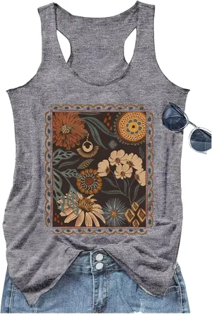 Vintage Mandala Graphic Tank Tops for Women Summer Beach Graphic Loose Tanks Vest USA Flag Vacation Racerback Tank Cami