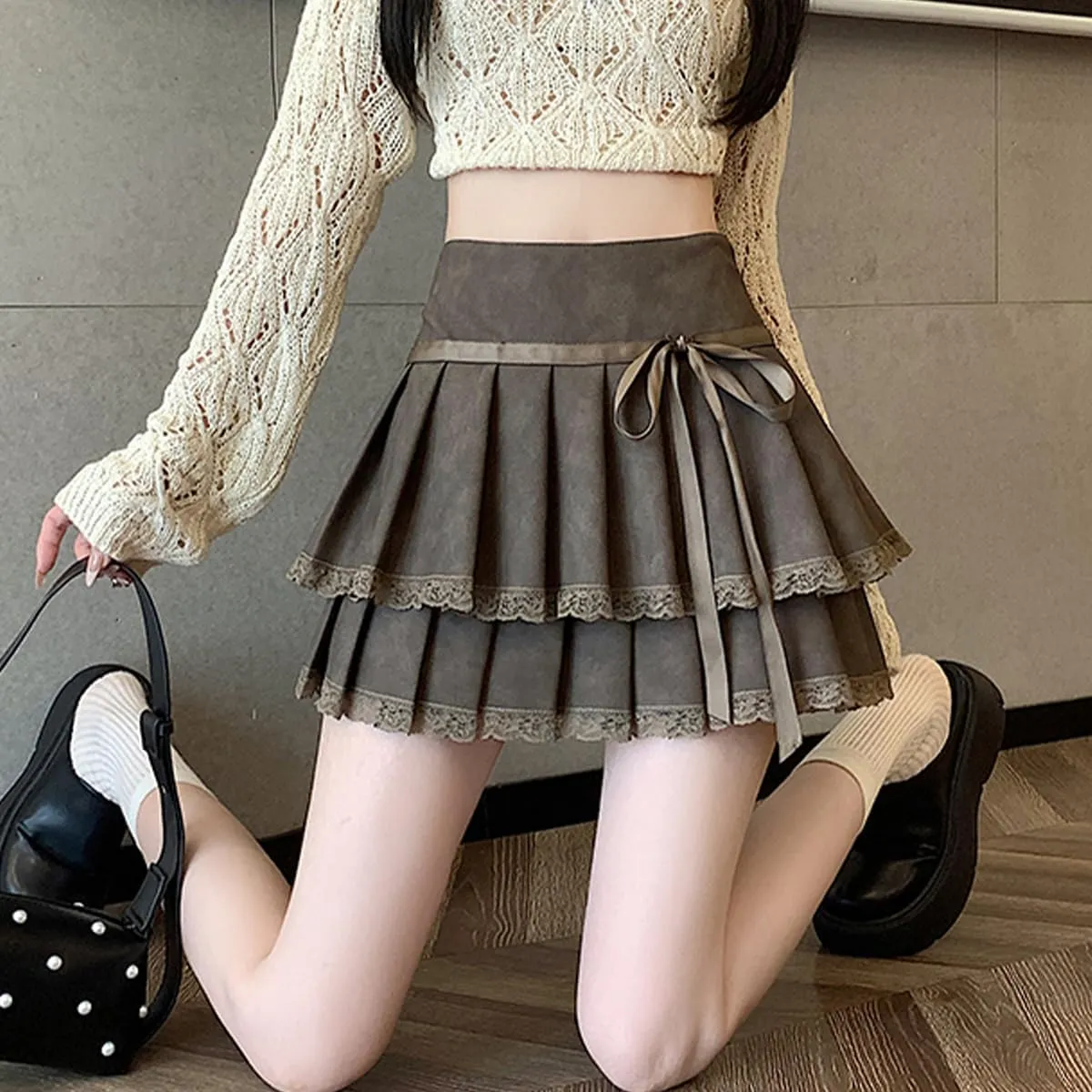 Vintage Women's High Waisted Pleated Skirts Y2K Cute Lace Patchwork Drawstring Double Layer Mini Skirt