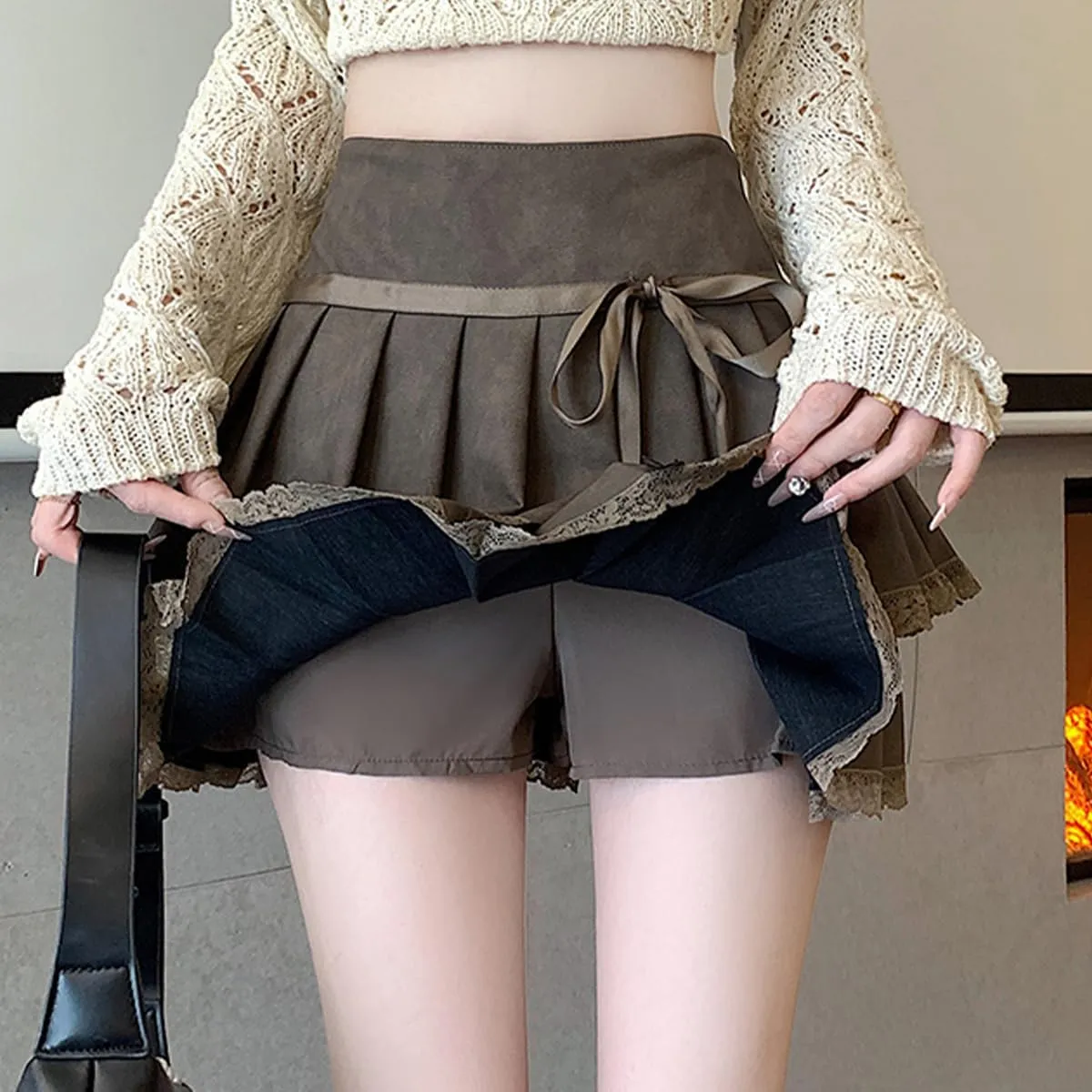 Vintage Women's High Waisted Pleated Skirts Y2K Cute Lace Patchwork Drawstring Double Layer Mini Skirt