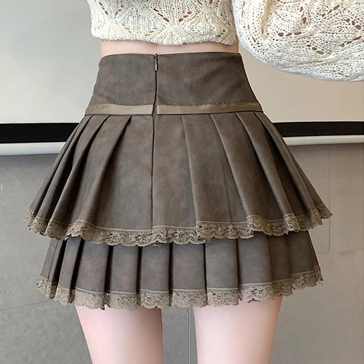 Vintage Women's High Waisted Pleated Skirts Y2K Cute Lace Patchwork Drawstring Double Layer Mini Skirt