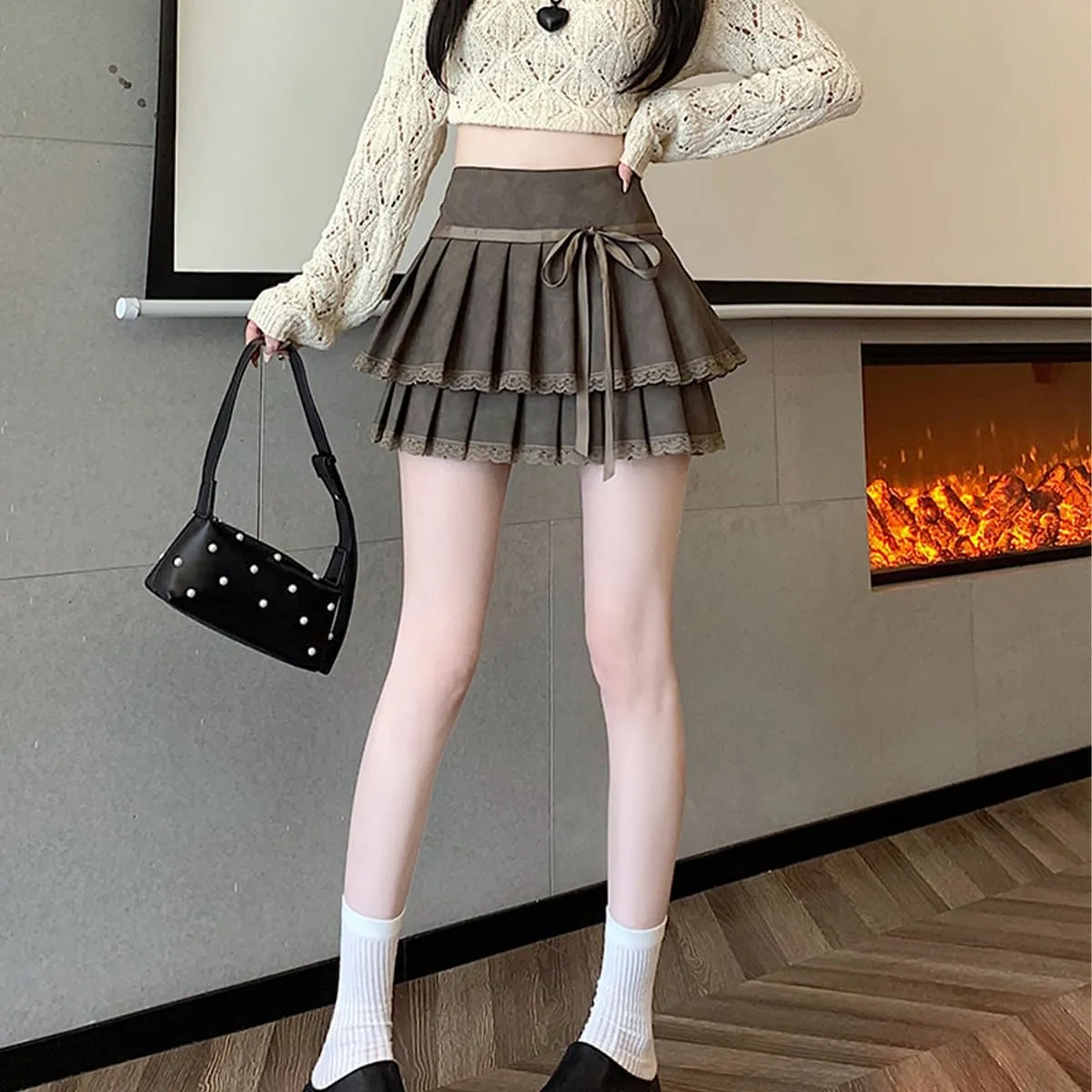 Vintage Women's High Waisted Pleated Skirts Y2K Cute Lace Patchwork Drawstring Double Layer Mini Skirt