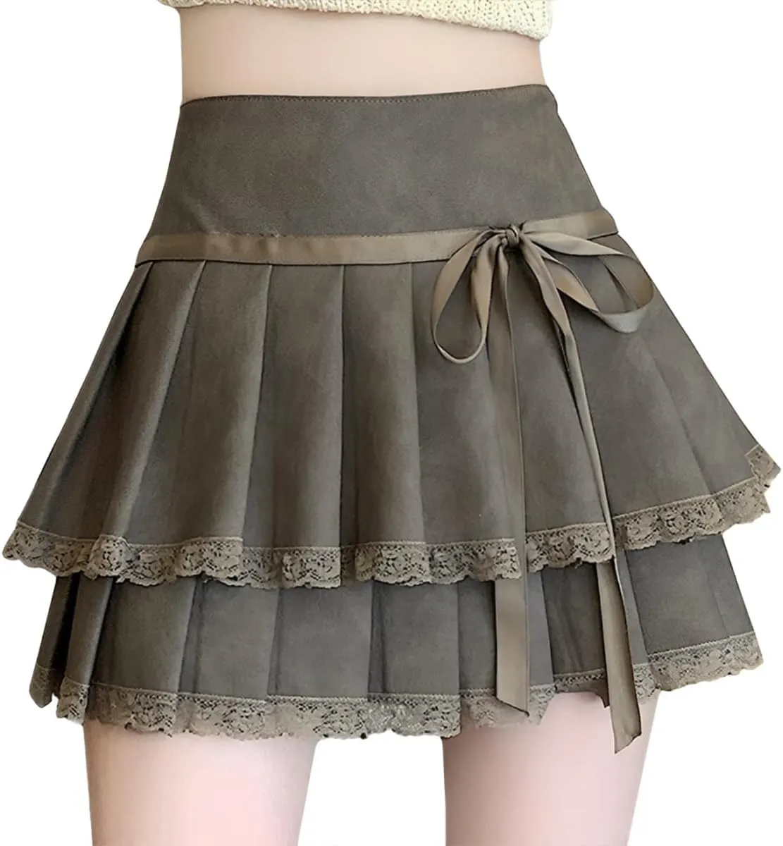 Vintage Women's High Waisted Pleated Skirts Y2K Cute Lace Patchwork Drawstring Double Layer Mini Skirt