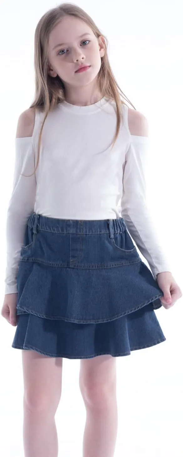 WELAKEN Jean Skirt for Girls Toddler & Kids II Girl's Elastic Waist A Line Mini Denim Skirts