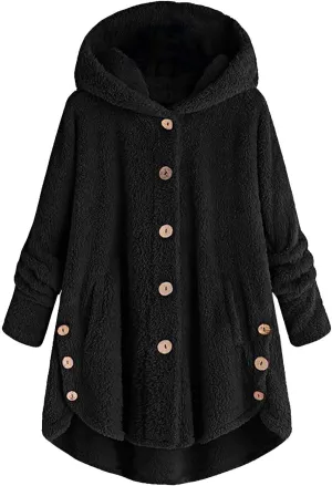 Winter Jackets for Women Fleece Button Jacket with Pockets Oversized Long Sherpa Hoodie Fuzzy Jacket Warm Teddy Coat