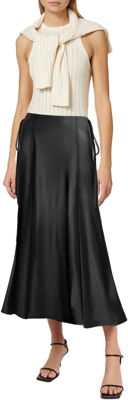 WISFRUIT Women's Satin Midi Skirts Silk A Line Flowy Ruffle Zipper Elegant Flared Cocktail Party Maxi Long Skirt