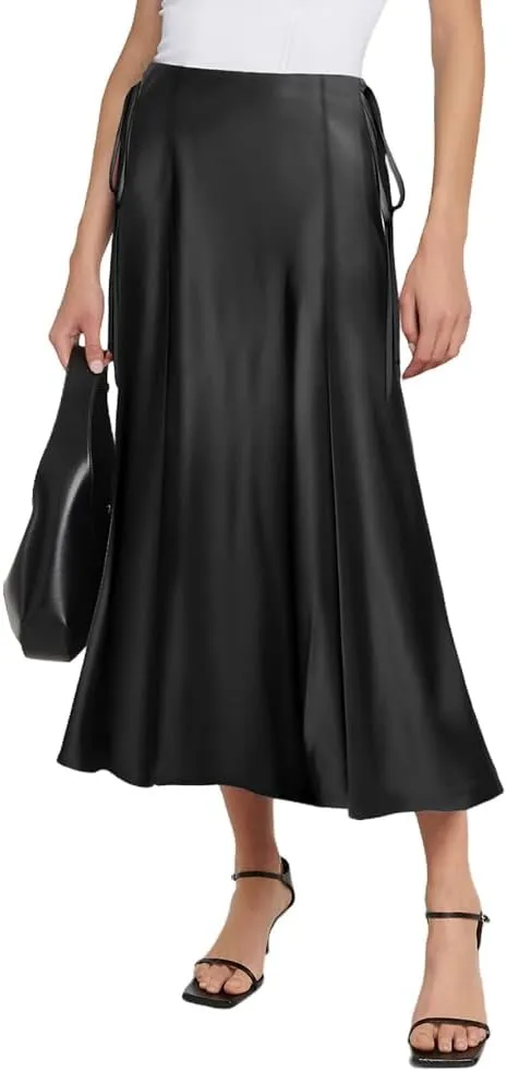 WISFRUIT Women's Satin Midi Skirts Silk A Line Flowy Ruffle Zipper Elegant Flared Cocktail Party Maxi Long Skirt