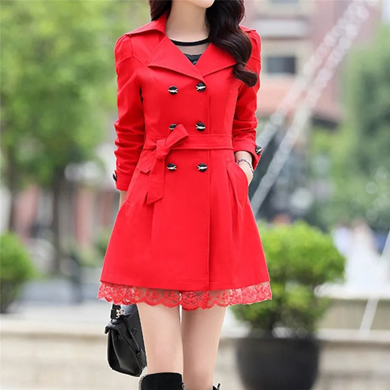 Women Fashion Loose Winter Warm Long Sleeve Button Lace Coat With Belt