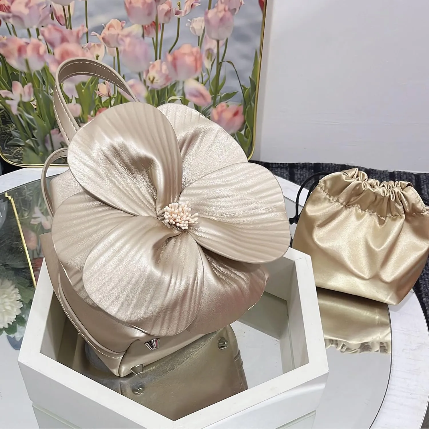 Women Floral Evening Clutch Handbag Small Pu Leather 3D Flower Top-handle Bag Wedding Party Prom Tote Crossbody Purse