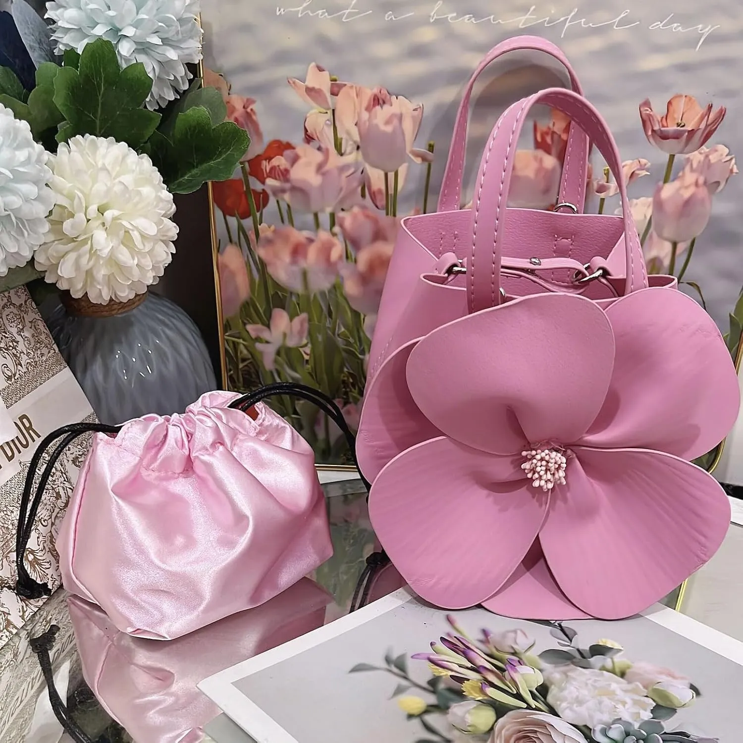 Women Floral Evening Clutch Handbag Small Pu Leather 3D Flower Top-handle Bag Wedding Party Prom Tote Crossbody Purse