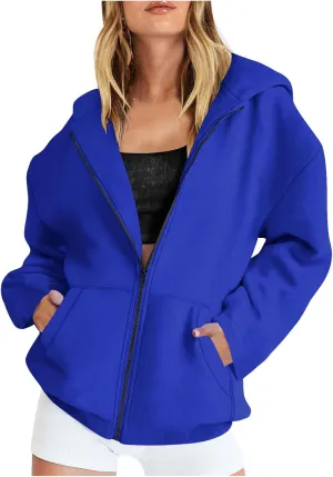Women Full Zipper Oversized Hooded Sweatshirts Long Sleeve Drop Shoulder Hoodies Trendy Casual Pullover Y2K Clothes