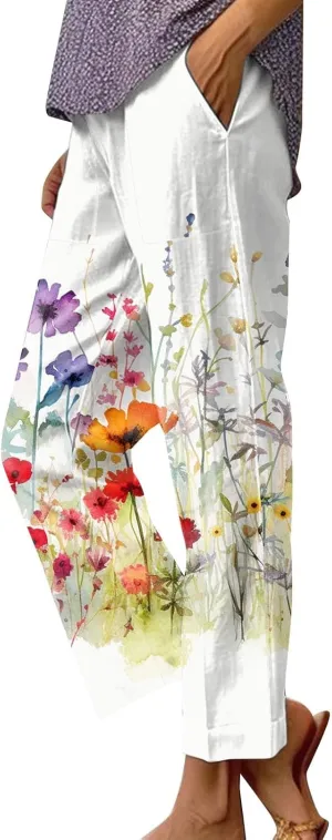 Women Linen Pants Baggy Casual Summer Boho Straight Leg Solid Color High Waist Linen Pants 2025 Work Trousers with Pockets