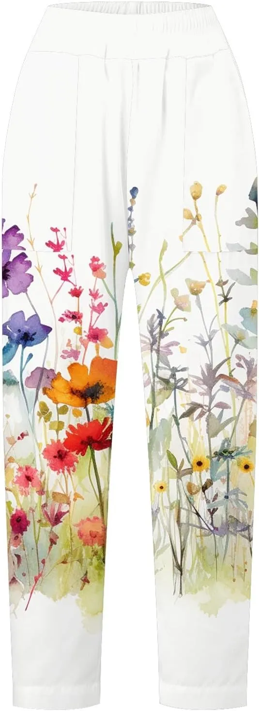 Women Linen Pants Baggy Casual Summer Boho Straight Leg Solid Color High Waist Linen Pants 2025 Work Trousers with Pockets