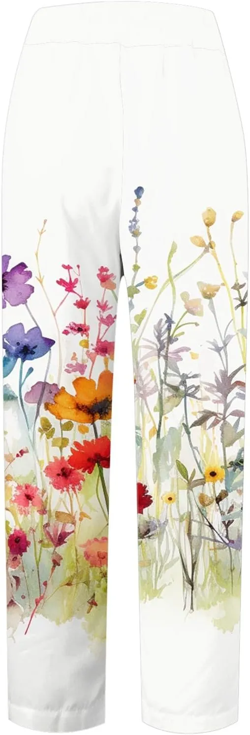 Women Linen Pants Baggy Casual Summer Boho Straight Leg Solid Color High Waist Linen Pants 2025 Work Trousers with Pockets