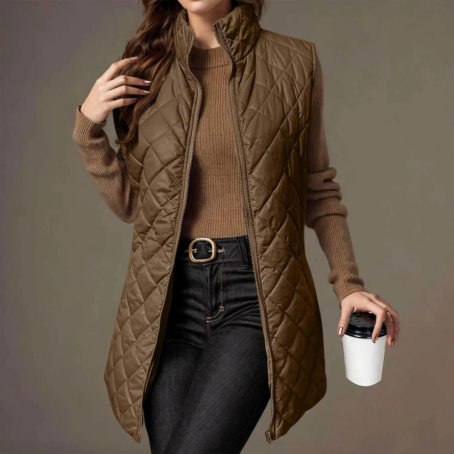 Women Mid Length Puffer Vest Lightweight Quilted Gilet Winter Warm Zip Up Sleeveless Down Jacket Fashion Waistcoat