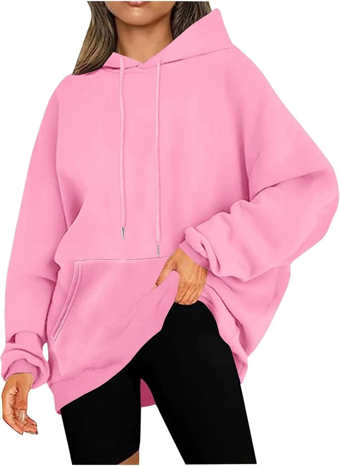 Women Oversized Hoodie Fleece Plain Plus Size Sweatshirts with Pocket Drawstring Workout Pullover Sweaters Tops