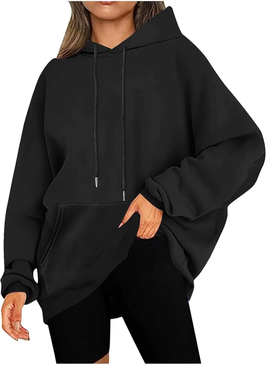 Women Oversized Hoodie Fleece Plain Plus Size Sweatshirts with Pocket Drawstring Workout Pullover Sweaters Tops
