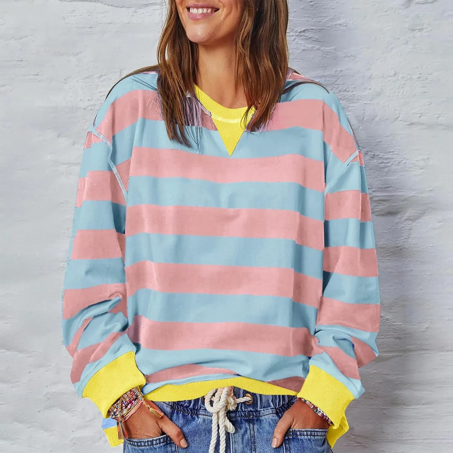 Women Oversized Sweatshirt Long Sleeve Crewneck Color Block Striped Pullover Tops