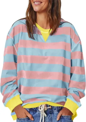 Women Oversized Sweatshirt Long Sleeve Crewneck Color Block Striped Pullover Tops