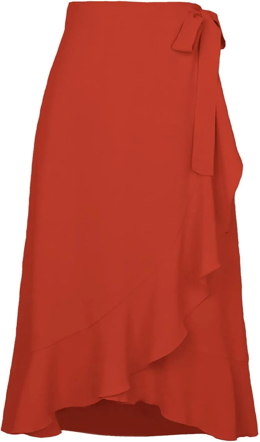 Women Ruffle Wrap Skirt Tie Waist Boho High Low Asymmetrical Midi Beach Skirt Casual Beach Swimsuit Cover Ups