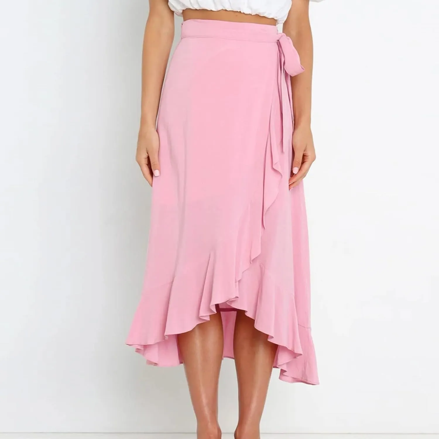 Women Ruffle Wrap Skirt Tie Waist Boho High Low Asymmetrical Midi Beach Skirt Casual Beach Swimsuit Cover Ups