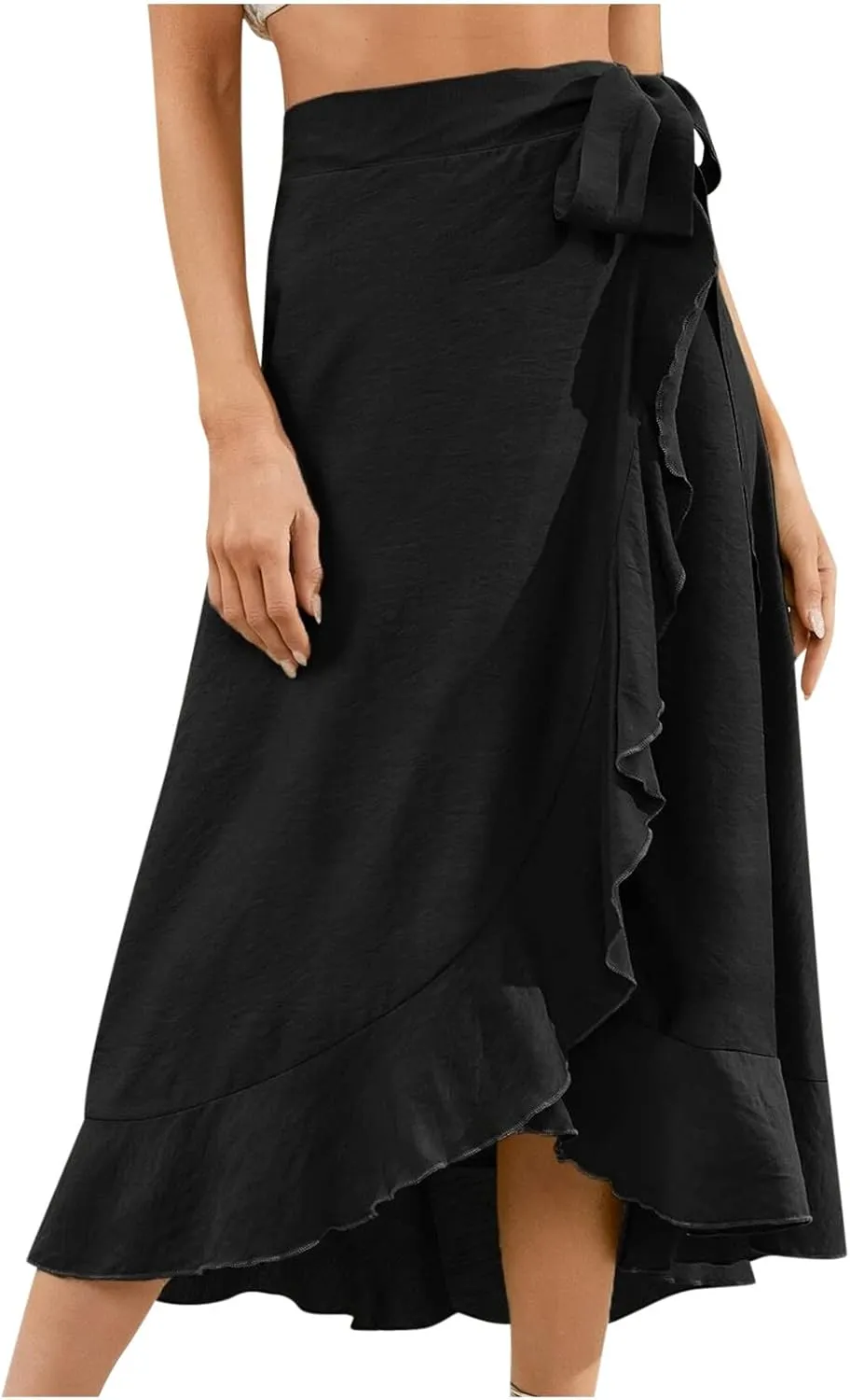 Women Ruffle Wrap Skirt Tie Waist Boho High Low Asymmetrical Midi Beach Skirt Casual Beach Swimsuit Cover Ups