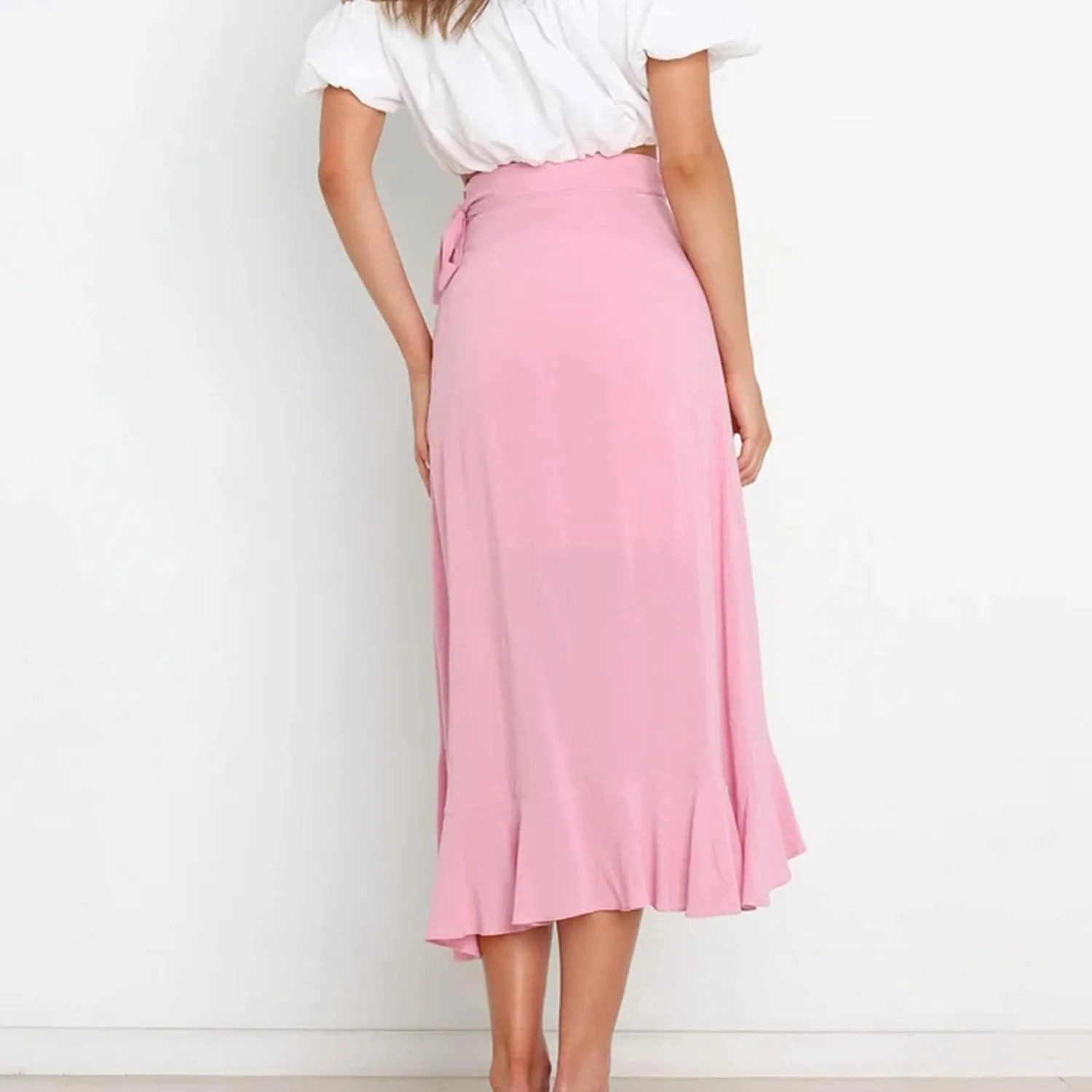 Women Ruffle Wrap Skirt Tie Waist Boho High Low Asymmetrical Midi Beach Skirt Casual Beach Swimsuit Cover Ups