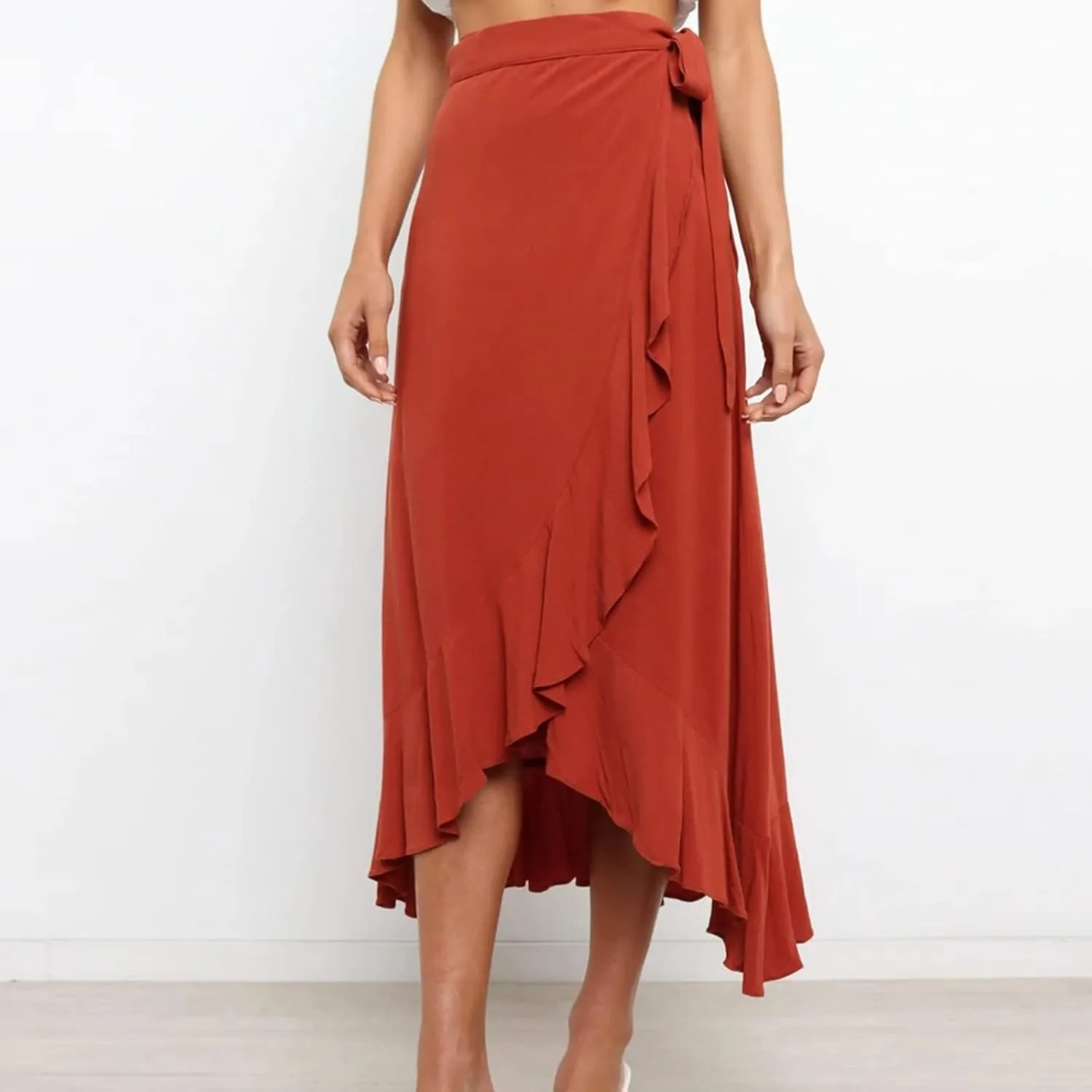 Women Ruffle Wrap Skirt Tie Waist Boho High Low Asymmetrical Midi Beach Skirt Casual Beach Swimsuit Cover Ups