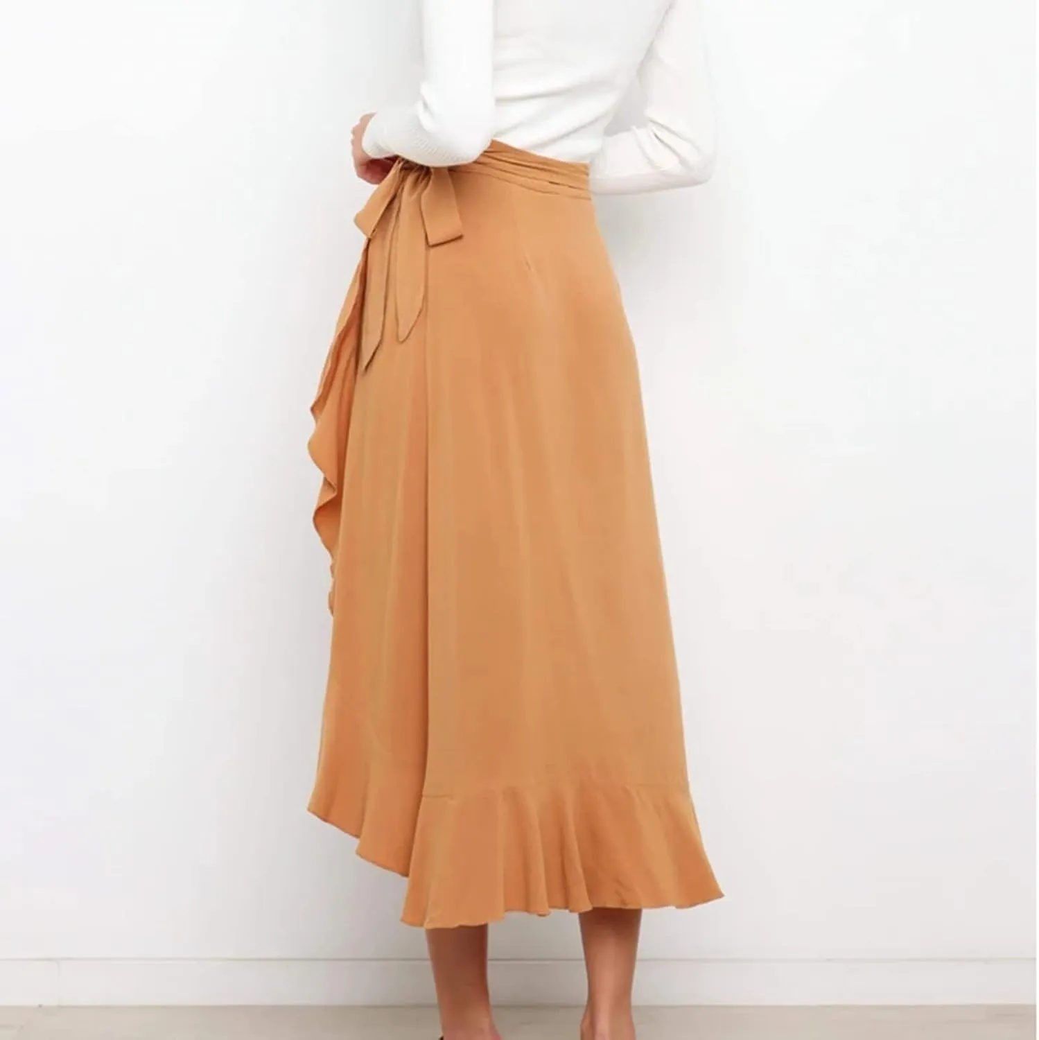 Women Ruffle Wrap Skirt Tie Waist Boho High Low Asymmetrical Midi Beach Skirt Casual Beach Swimsuit Cover Ups