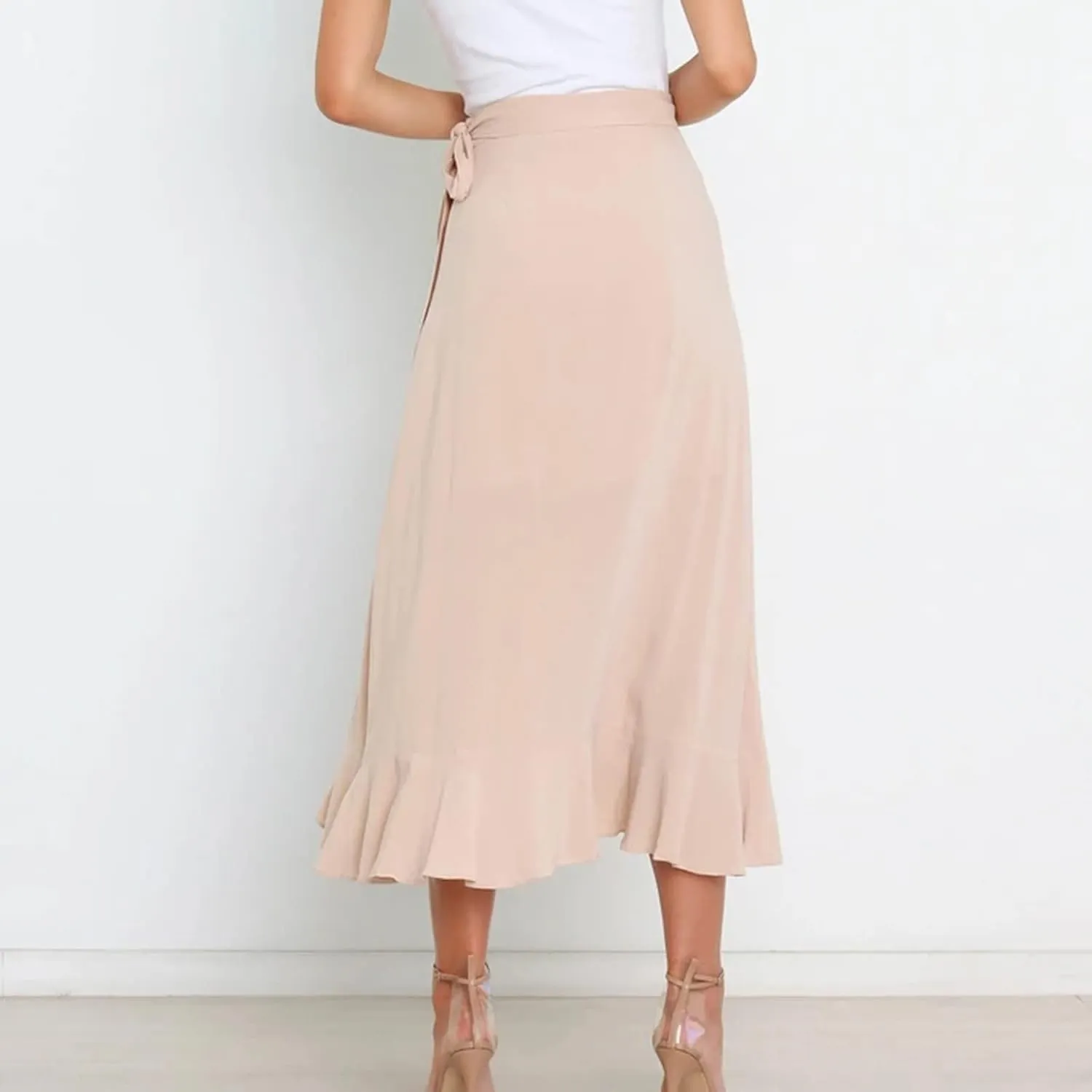 Women Ruffle Wrap Skirt Tie Waist Boho High Low Asymmetrical Midi Beach Skirt Casual Beach Swimsuit Cover Ups