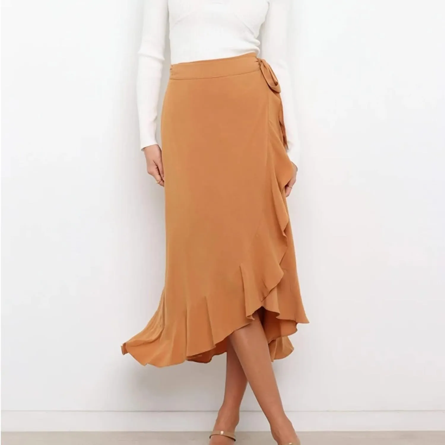 Women Ruffle Wrap Skirt Tie Waist Boho High Low Asymmetrical Midi Beach Skirt Casual Beach Swimsuit Cover Ups
