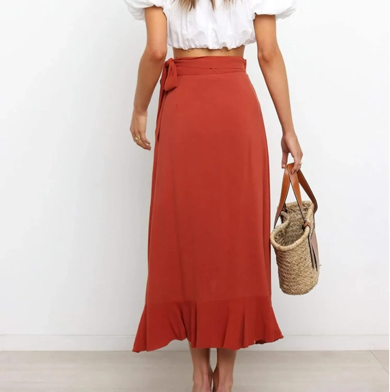 Women Ruffle Wrap Skirt Tie Waist Boho High Low Asymmetrical Midi Beach Skirt Casual Beach Swimsuit Cover Ups