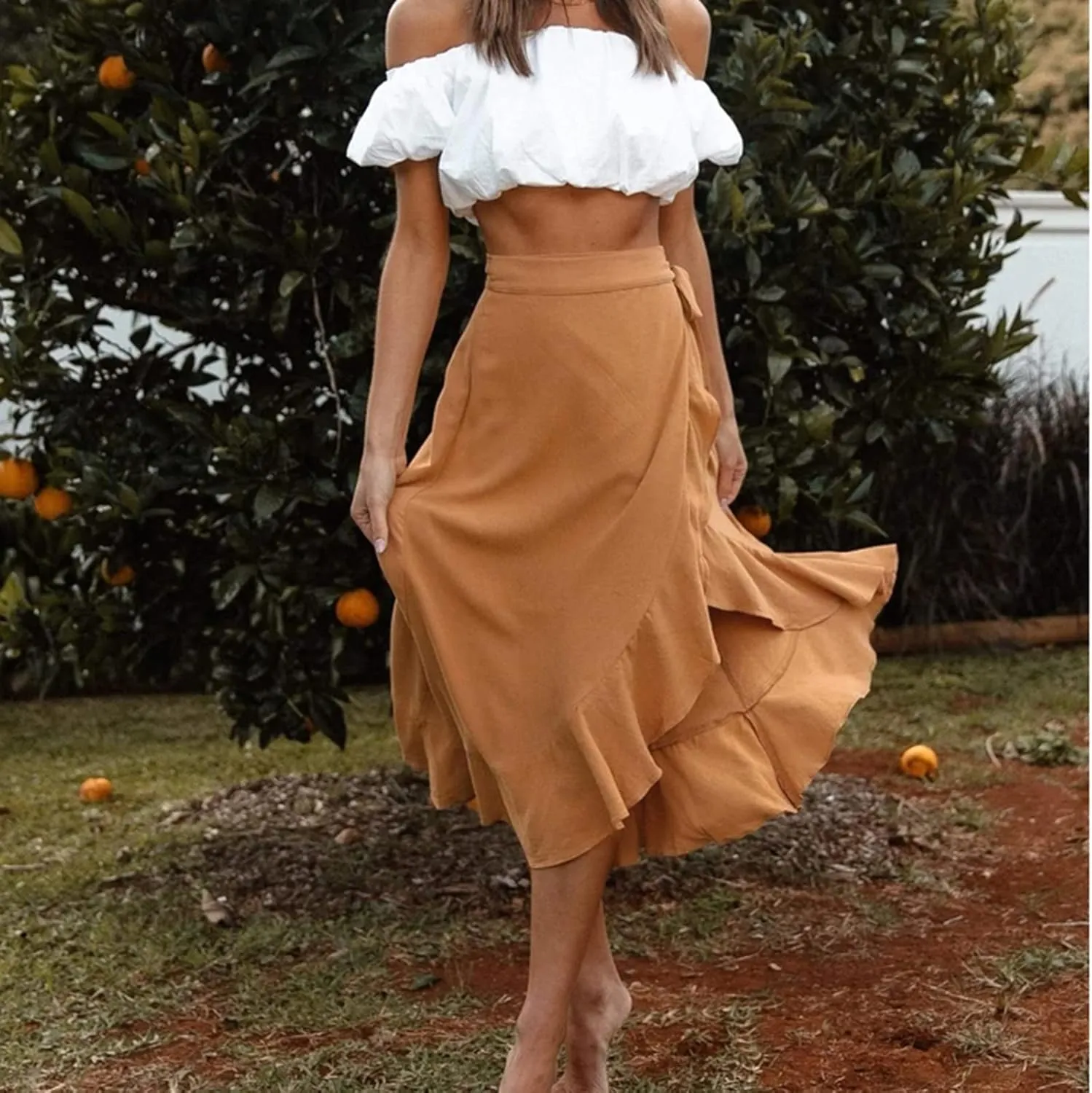Women Ruffle Wrap Skirt Tie Waist Boho High Low Asymmetrical Midi Beach Skirt Casual Beach Swimsuit Cover Ups