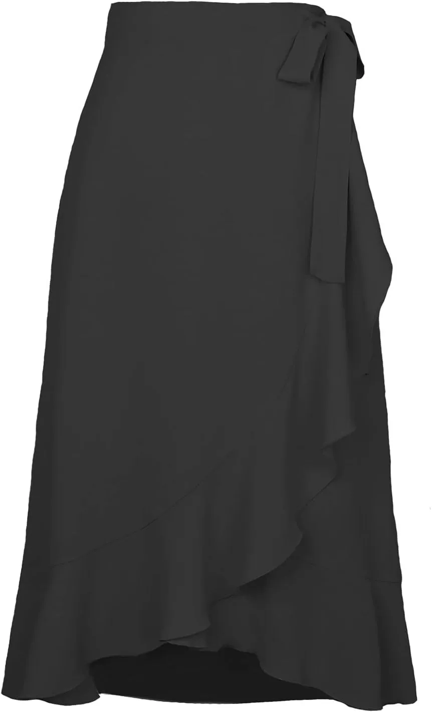 Women Ruffle Wrap Skirt Tie Waist Boho High Low Asymmetrical Midi Beach Skirt Casual Beach Swimsuit Cover Ups
