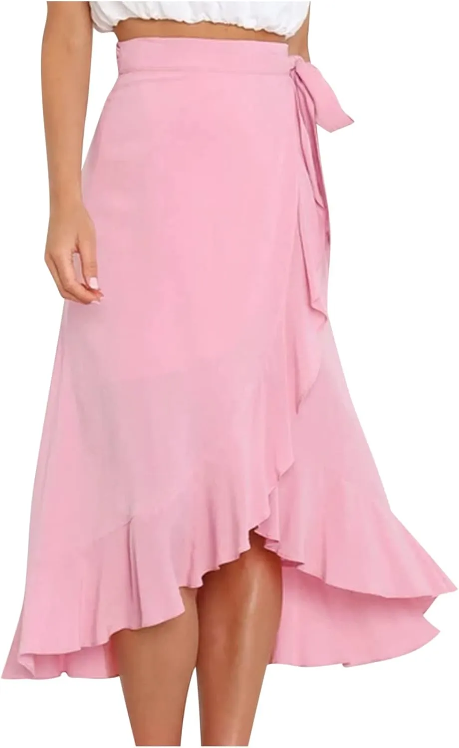 Women Ruffle Wrap Skirt Tie Waist Boho High Low Asymmetrical Midi Beach Skirt Casual Beach Swimsuit Cover Ups
