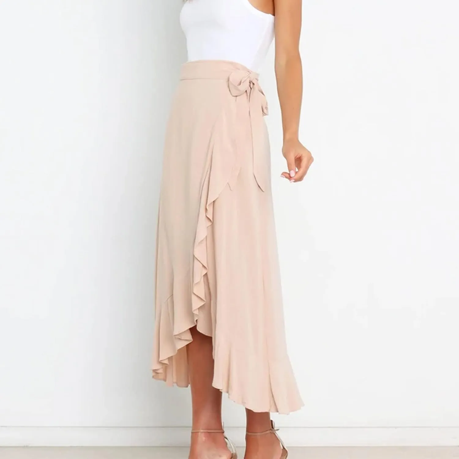 Women Ruffle Wrap Skirt Tie Waist Boho High Low Asymmetrical Midi Beach Skirt Casual Beach Swimsuit Cover Ups