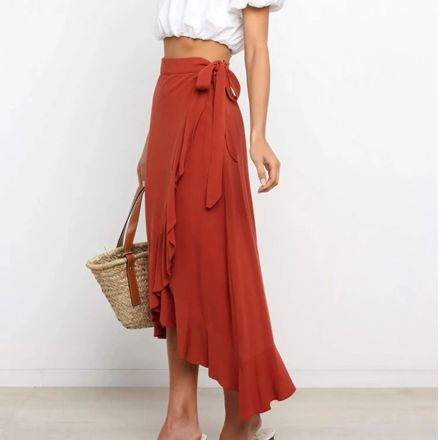 Women Ruffle Wrap Skirt Tie Waist Boho High Low Asymmetrical Midi Beach Skirt Casual Beach Swimsuit Cover Ups