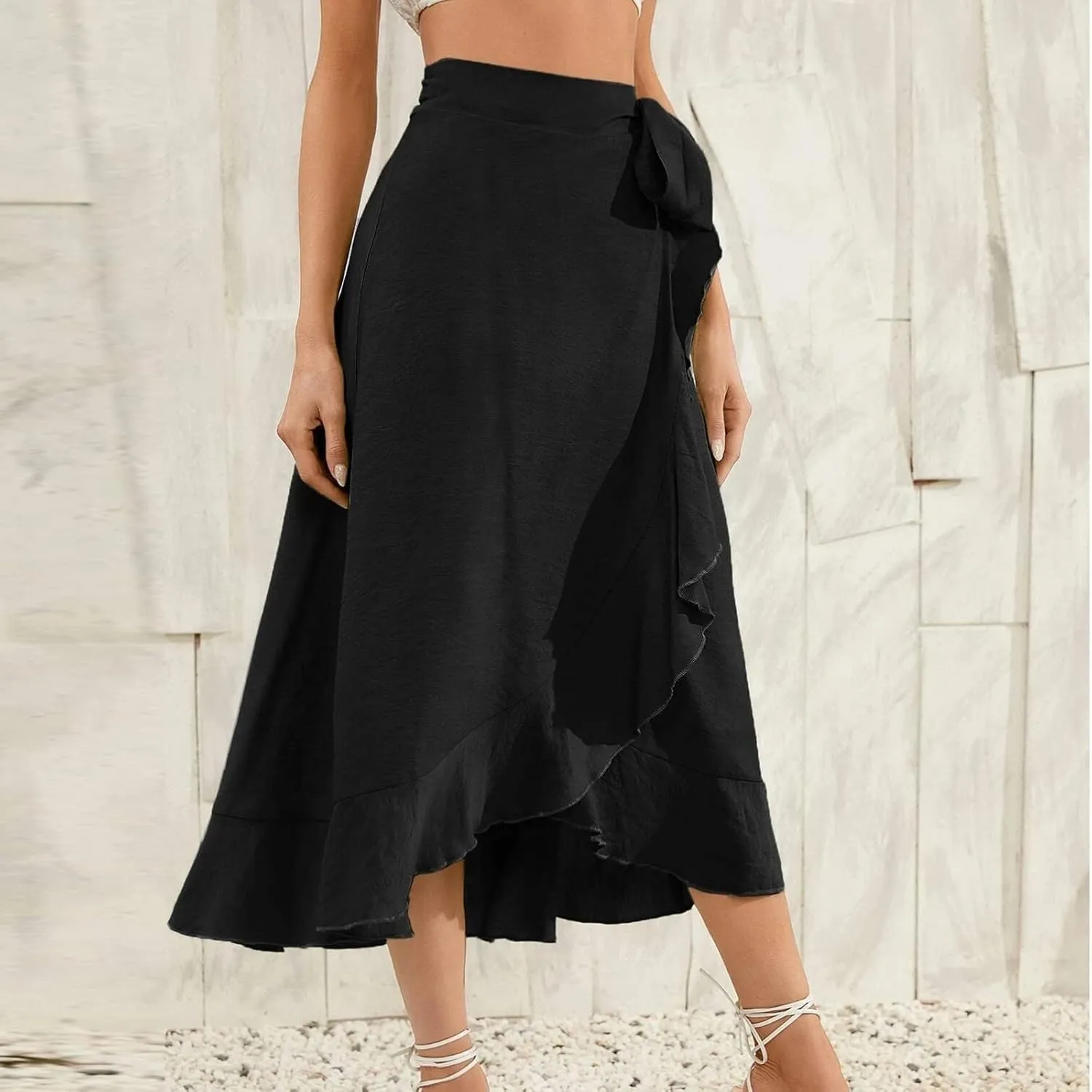 Women Ruffle Wrap Skirt Tie Waist Boho High Low Asymmetrical Midi Beach Skirt Casual Beach Swimsuit Cover Ups
