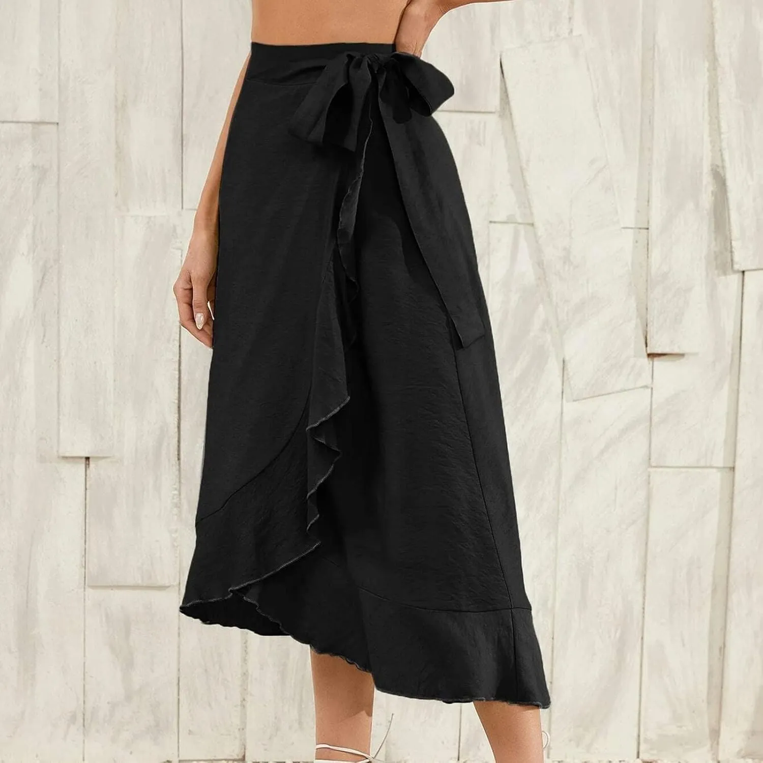 Women Ruffle Wrap Skirt Tie Waist Boho High Low Asymmetrical Midi Beach Skirt Casual Beach Swimsuit Cover Ups